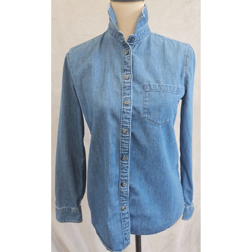 Armani Exchange XS Chambray Shirt Cotton Silk Mandarin Collar Denim Blue